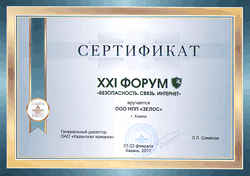Диплом за вклад в организацию V юбилейной 'Летней школы CTF' в Дубне и развитие CTF-движения в России